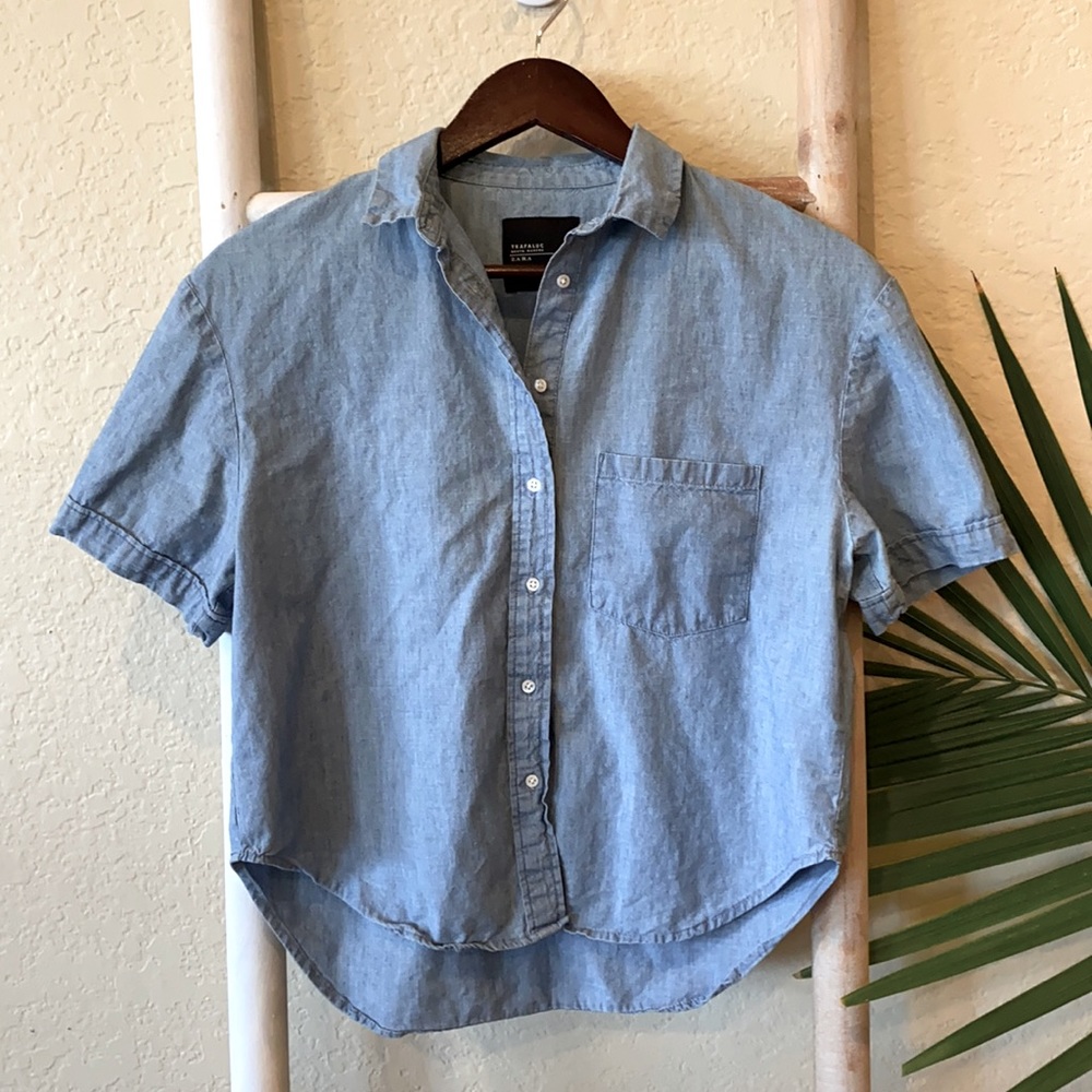 Zara slightly cropped chambray collared button down